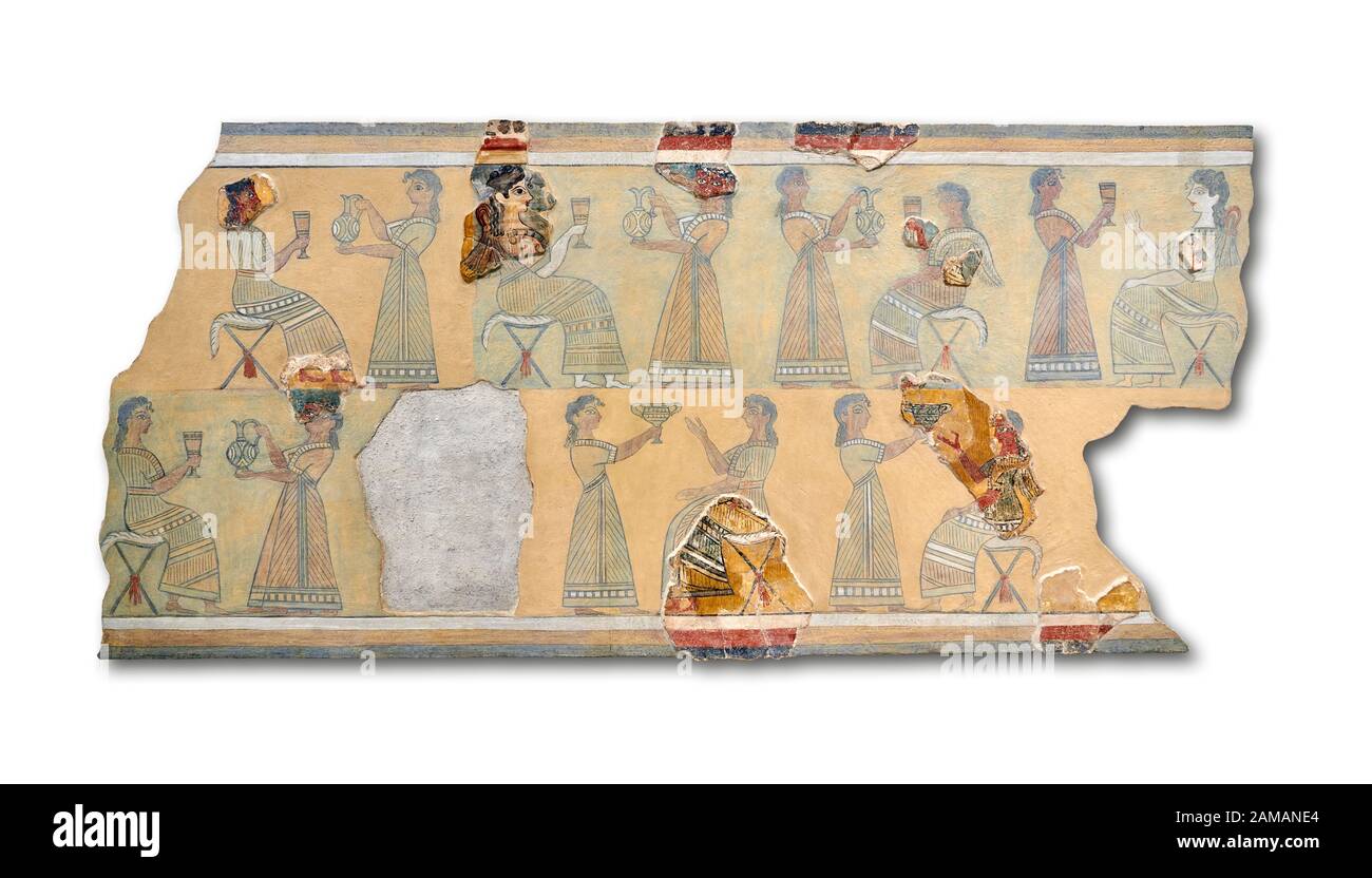 Le mur d'art Minoan ' Camp Stool ' fresque de l'aile ouest du palais de Knossos, 1450-1300 av. J.-C. Musée Archéologique D'Héraklion. Fond Blanc. E Banque D'Images