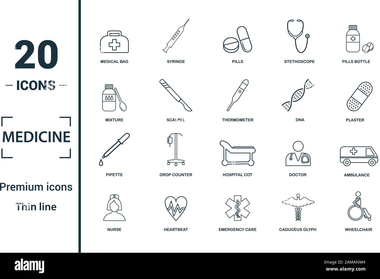Médicament icon set. Inclure des éléments créatifs sac médical, pilules, mélange, ADN, icônes pipette. Peut être utilisé pour rapport, présentation, dessin, web Illustration de Vecteur