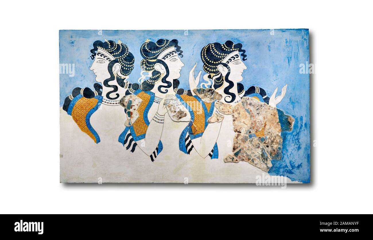 Minoan fresque murale d'art des femmes en bleu du Palais Knossos 1600-1450 av. J.-C. Musée Archéologique D'Héraklion. Fond Blanc. Les Femmes En Bleu Banque D'Images