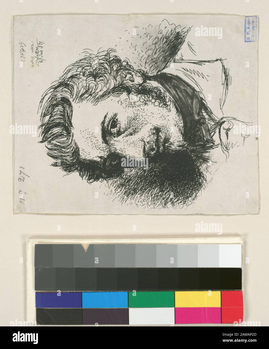 Portrait Holdings enregistré dans une copie ministérielle de l'Oeuvre de ch. Jacque catalogue de ses eaux-forts et pointes pèches / commode par J.J. Guiffrey. Fait partie Des Gravures et des zones sèches de Charles Jacque dans la collection Samuel Putnam Avery. Citation/Référence : G 271; Portrait. Banque D'Images