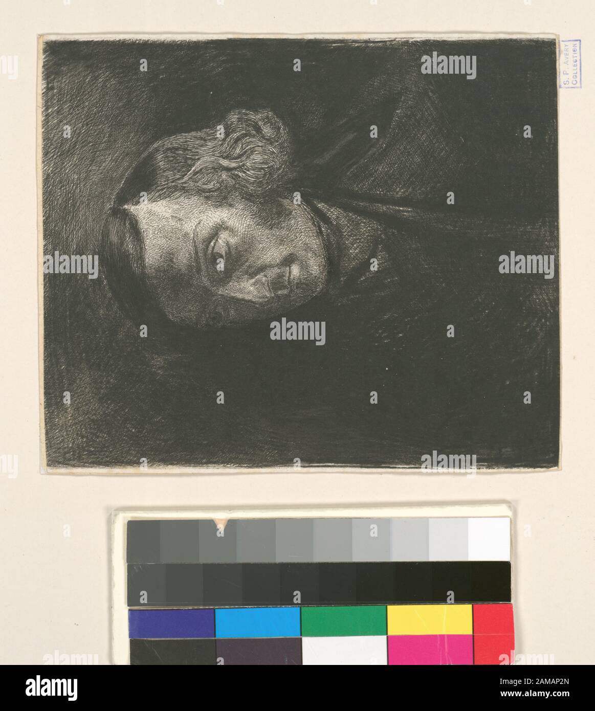 Portrait Holdings enregistré dans une copie ministérielle de l'Oeuvre de ch. Jacque catalogue de ses eaux-forts et pointes pèches / commode par J.J. Guiffrey. Fait partie Des Gravures et des zones sèches de Charles Jacque dans la collection Samuel Putnam Avery. Citation/Référence : G313; Portrait. Banque D'Images