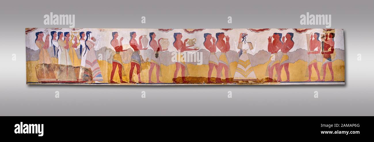 Le Minoan 'Procession Fresco', art de mur du Sud Prpylaeum, Palais Knossos, 1500-1400 av. J.-C. Musée Archéologique D'Héraklion. Arrière-Plan Gris. Banque D'Images