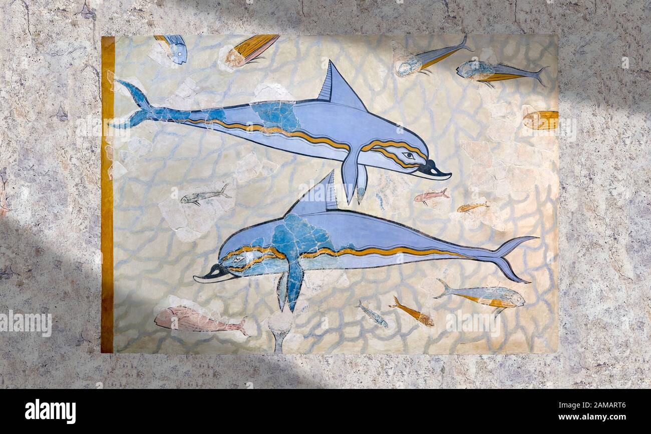 L'art mural Minoan 'dolphin Fresco' de Queen's Megaron, Palais Knossos, 1600-1450 av. J.-C. Musée Archéologique D'Héraklion. Deux dauphins sont dépeints Banque D'Images