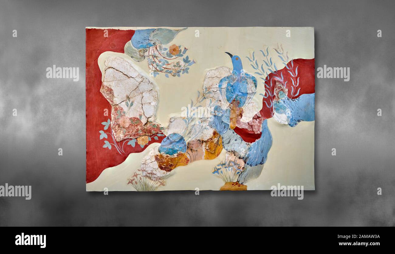 Minoan 'Papyrus fresque d'art mural de la 'Maison des Fresques' Knossos Palace, 1600-1500 av. J.-C. Musée Archéologique D'Héraklion. Arrière-Plan Gris. Banque D'Images