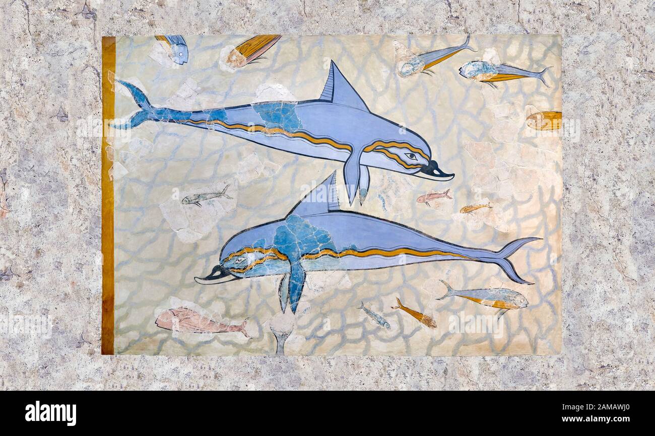 L'art mural Minoan 'dolphin Fresco' de Queen's Megaron, Palais Knossos, 1600-1450 av. J.-C. Musée Archéologique D'Héraklion. Deux dauphins sont dépeints Banque D'Images