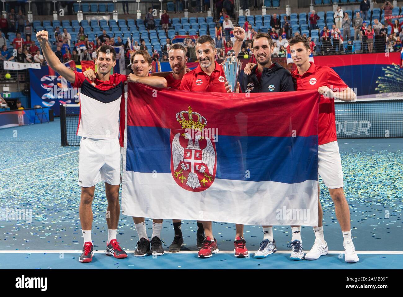 La Serbie remporte la coupe 2-1 contre l'Espagne lors de la finale de la coupe ATP 2020 à la Ken Rosewall Arena, Sydney, Australie, le 12 janvier 2020. Photo De Peter Dovgan. Banque D'Images