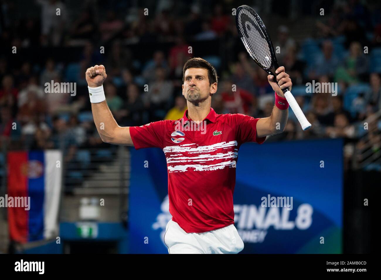 Novak Djokovic, de Serbie, célèbre avoir battu l'Espagne 2-1 lors de la finale de la coupe ATP 2020 à la Ken Rosewall Arena, Sydney, Australie, le 12 janvier 2020. Photo De Peter Dovgan. Banque D'Images
