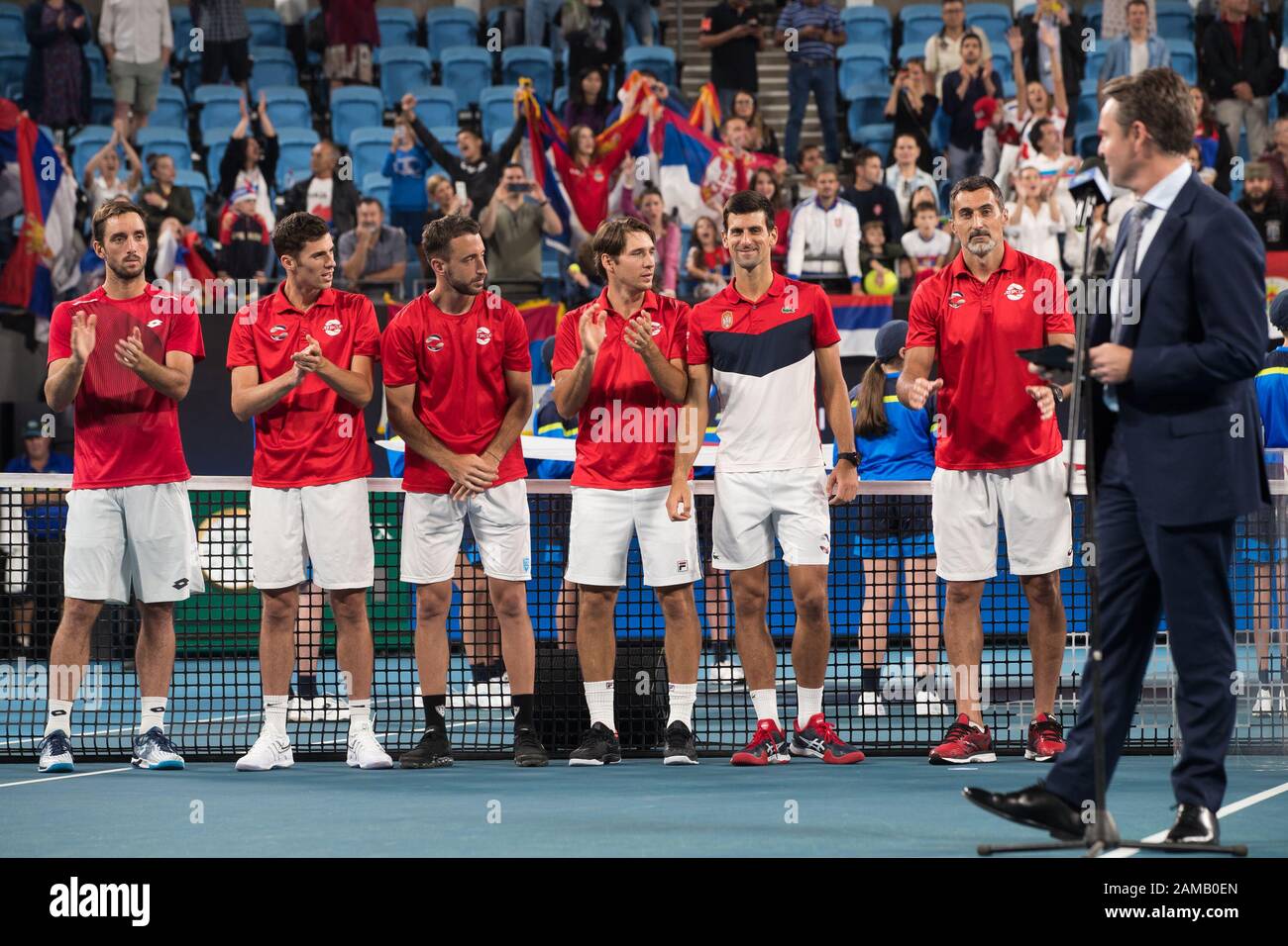 La Serbie célèbre après avoir battu l'Espagne 2-1 lors de la finale de la coupe ATP 2020 à la Ken Rosewall Arena, Sydney, Australie, le 12 janvier 2020. Photo De Peter Dovgan. Banque D'Images