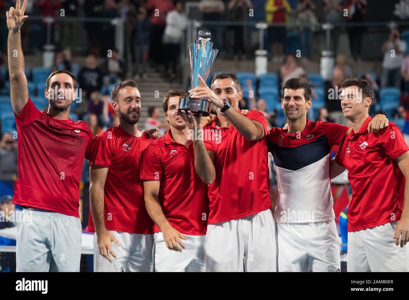 La Serbie célèbre après avoir battu l'Espagne 2-1 lors de la finale de la coupe ATP 2020 à la Ken Rosewall Arena, Sydney, Australie, le 12 janvier 2020. Photo De Peter Dovgan. Banque D'Images