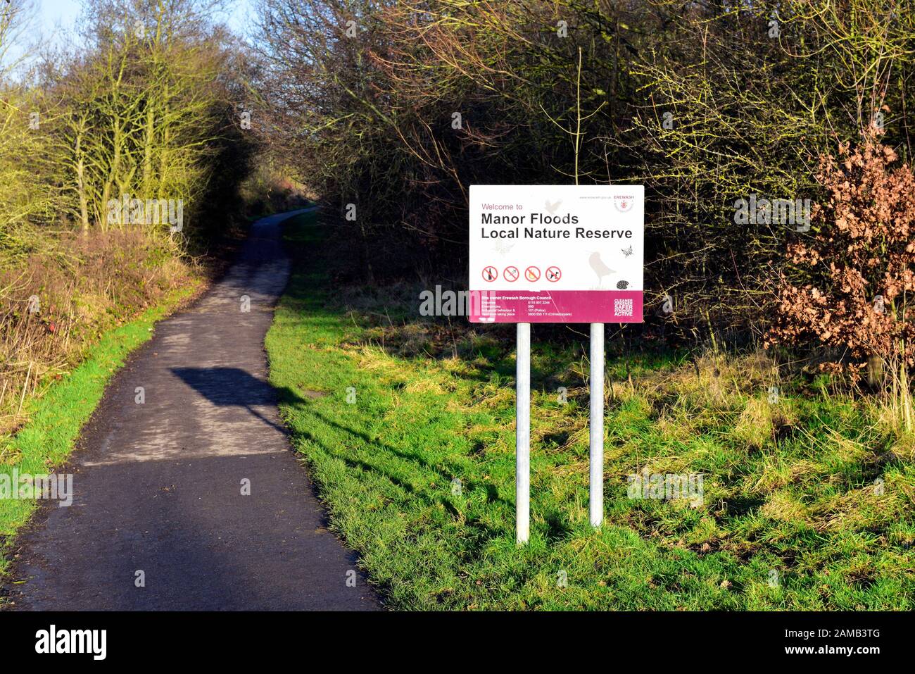 Le Manoir inonde le panneau de la réserve naturelle locale, sentier rural, hallam ouest, Ilkeston, Nottingham, Angleterre, Royaume-Uni Banque D'Images