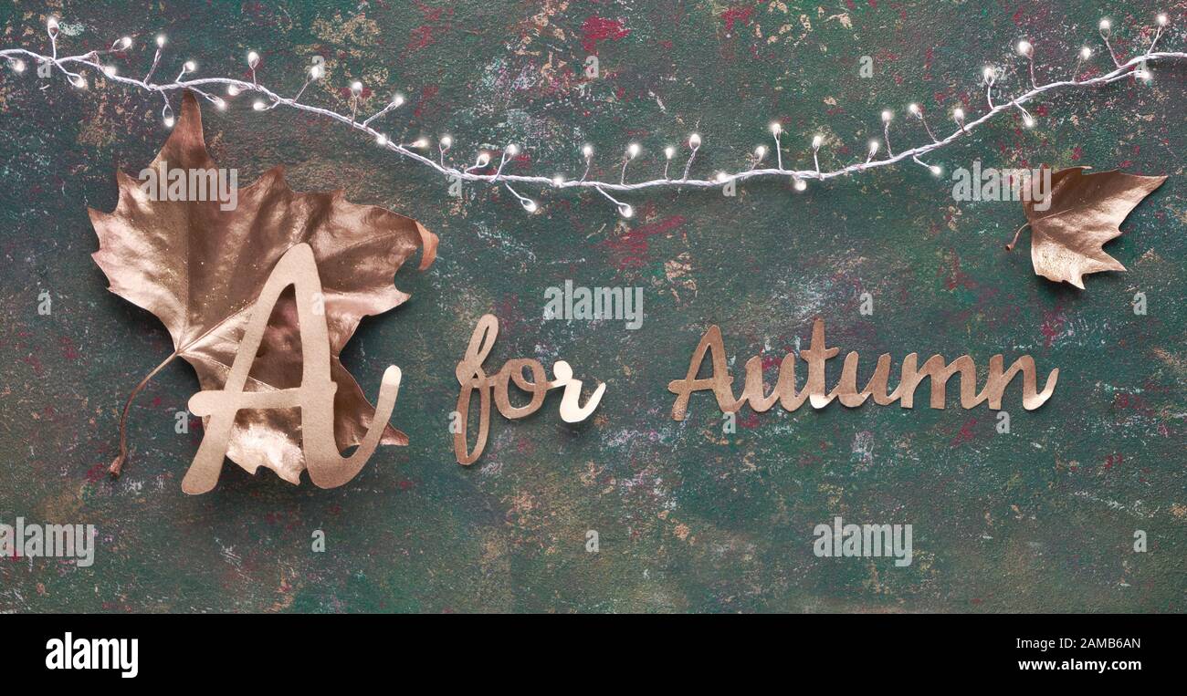 Automne, coupond panoramique créatif. Vue de dessus des feuilles dorées peintes, guirlande lumineuse festive sur fond vert foncé texturé. Texte « A ou automne » dans Banque D'Images
