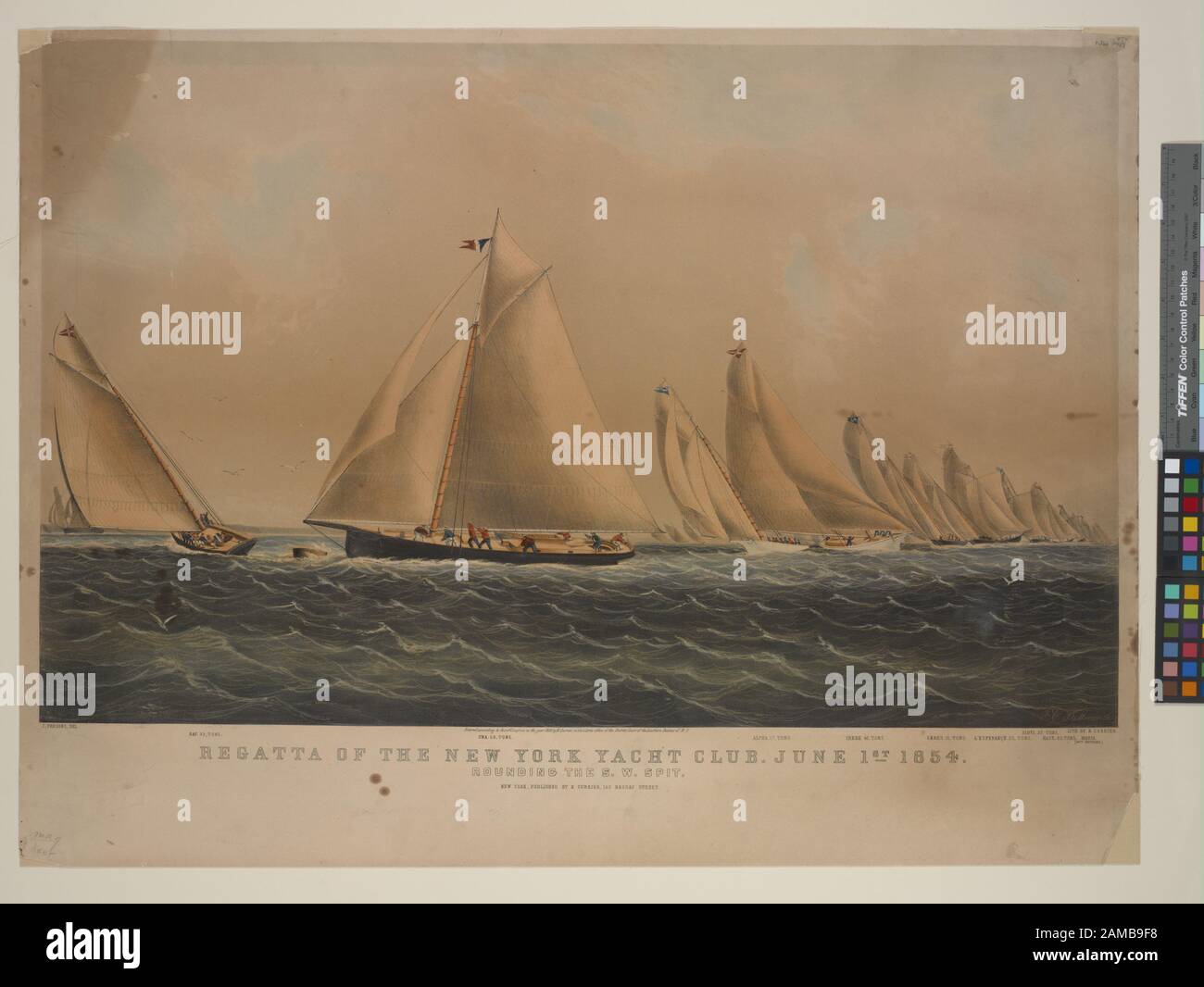 Regatta du New York Yacht Club 1 juin 1854 Arrondir le sw spit Citation/référence: ENO 470++ Sur le titre, les noms des yachts, avec le tonnage de chaque--Ray, una, Alpha, Irene, Cérès, l'Esperance, Sibyl, Haze, Maria (non inscrit). L'imprimé est monté sur le lin.; Regatta du New York Yacht Club. 1 juin 1854. Arrondir le s.w. spit Banque D'Images
