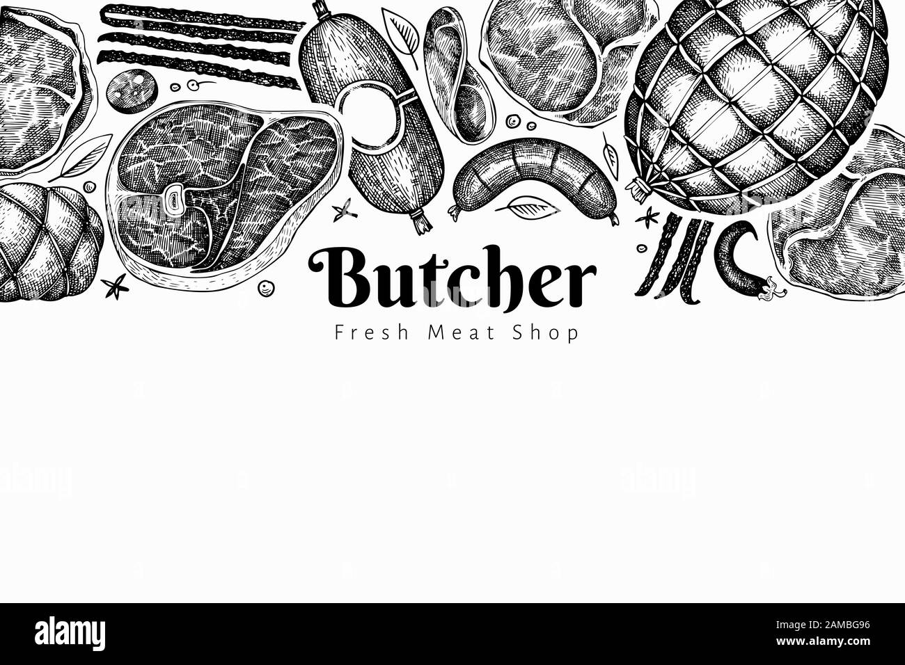 Modèle de conception des produits à base de viande rétro vectoriels. Jambon tiré à la main, saucisses, jamon, épices et herbes. Ingrédients alimentaires crus. Illustration rétro. Peut être utilisé pour Illustration de Vecteur