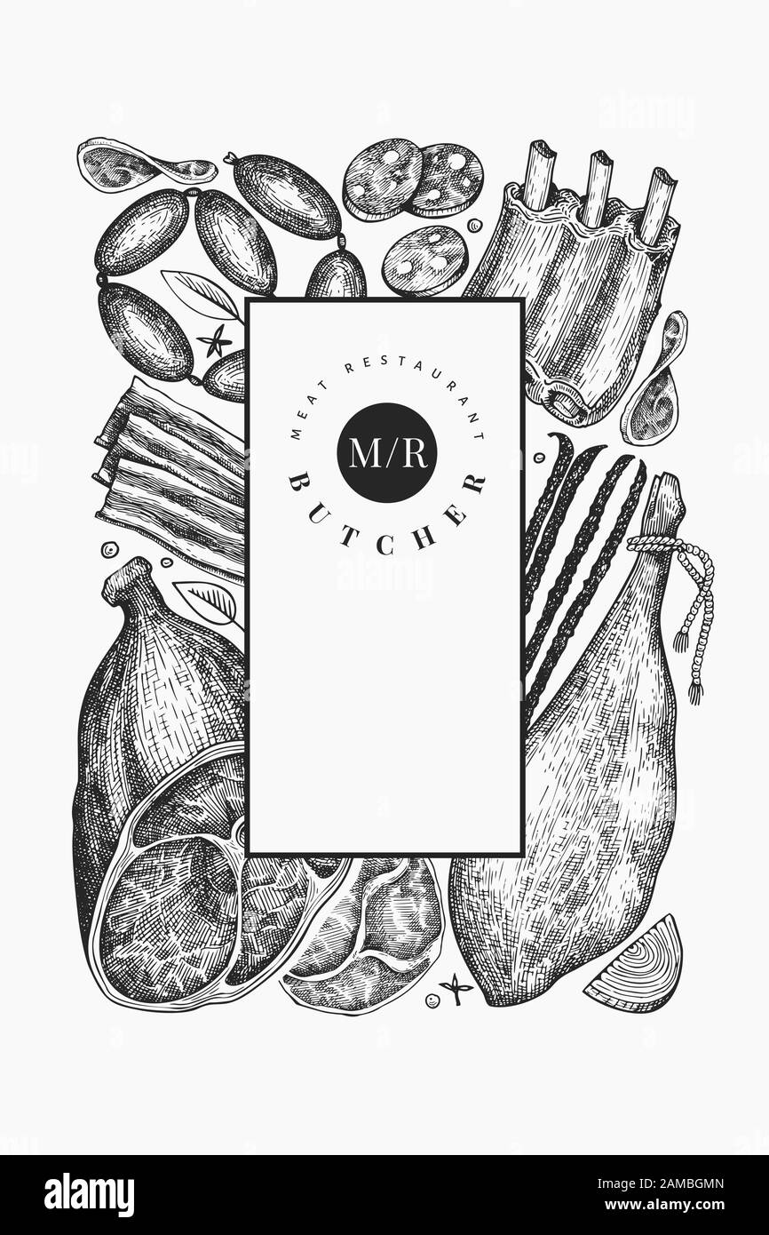 Modèle de conception des produits à base de viande rétro vectoriels. Jambon tiré à la main, saucisses, jamon, épices et herbes. Ingrédients alimentaires crus. Illustration rétro. Peut être utilisé pour Illustration de Vecteur