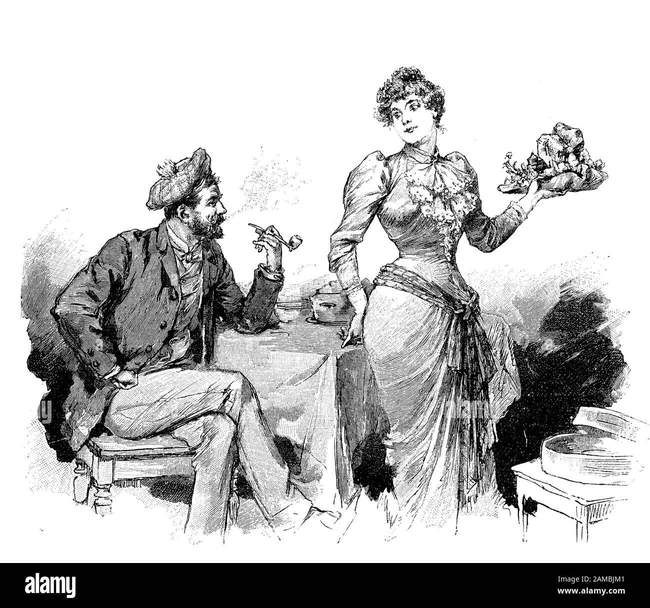 Magazine satirique allemand, humour de mariage et caricatures: Femme montre son mari imperturbable dernier chapeau à la mode que l'on vient d'acheter. Banque D'Images