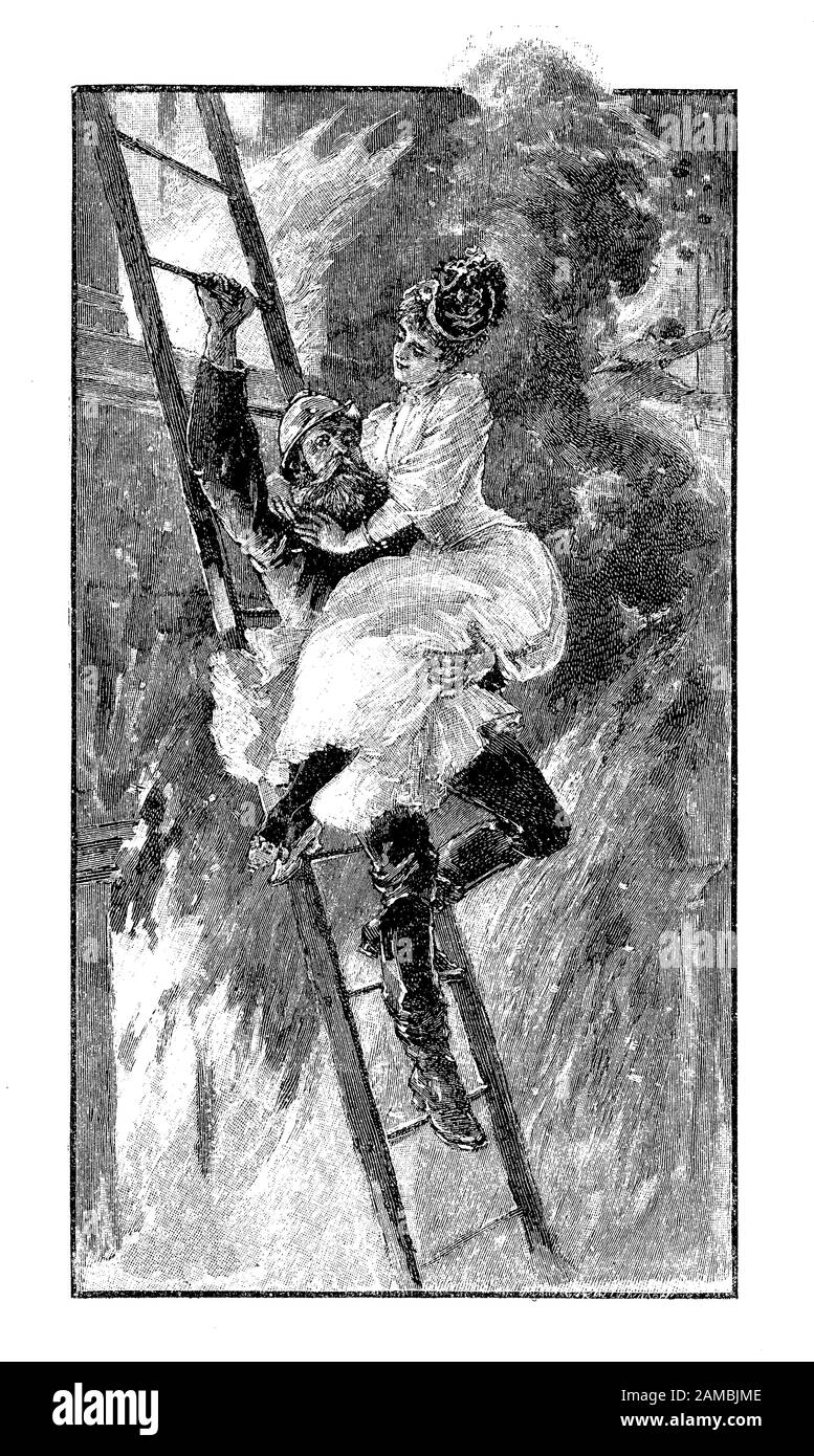 Magazine satirique allemand: Femme élégante avec une robe fantaisie et des jets de chapeau à la mode avec le pompier la portant dans son bras sur l'échelle de sauvetage à l'écart de la maison brûlante Banque D'Images
