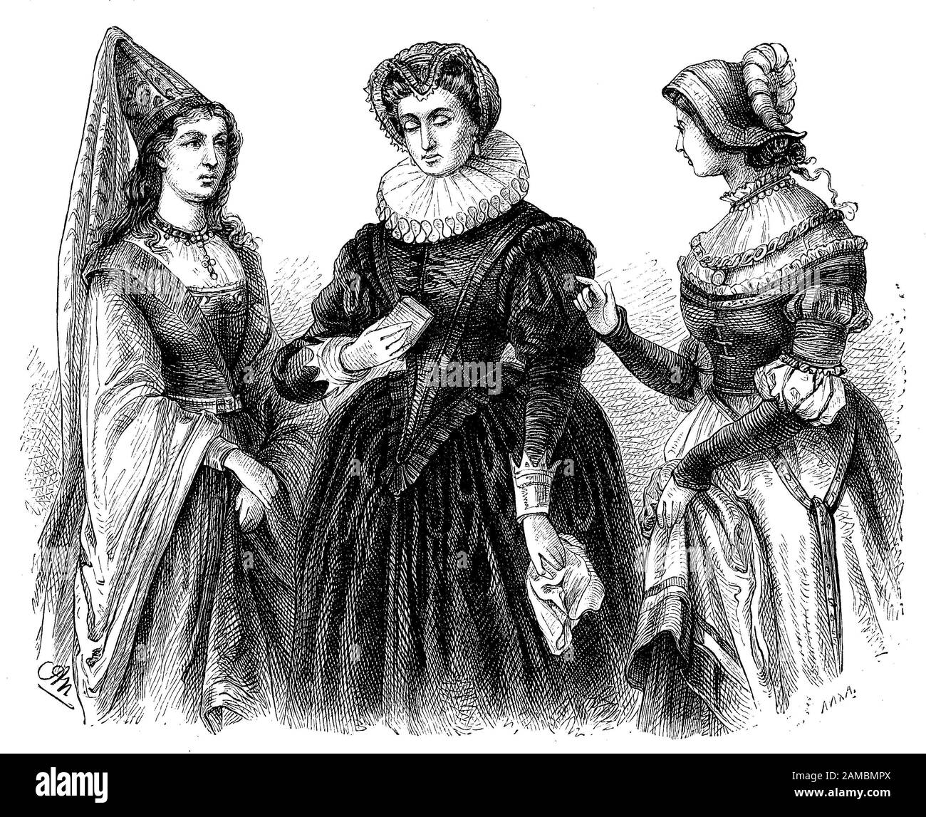 Costumes allemands pour femmes, XIVe siècle, tradition espagnole et renaissance / deutsche Frauenkostüme, 14. Jahrhundert, spanische Tradition und Renaissance, Historisch, Digital amélioration de la reproduction d'un original du XIXe siècle / digitale Reproduktion einer Originalvorlage aus dem 19. Jahrhundert, Banque D'Images