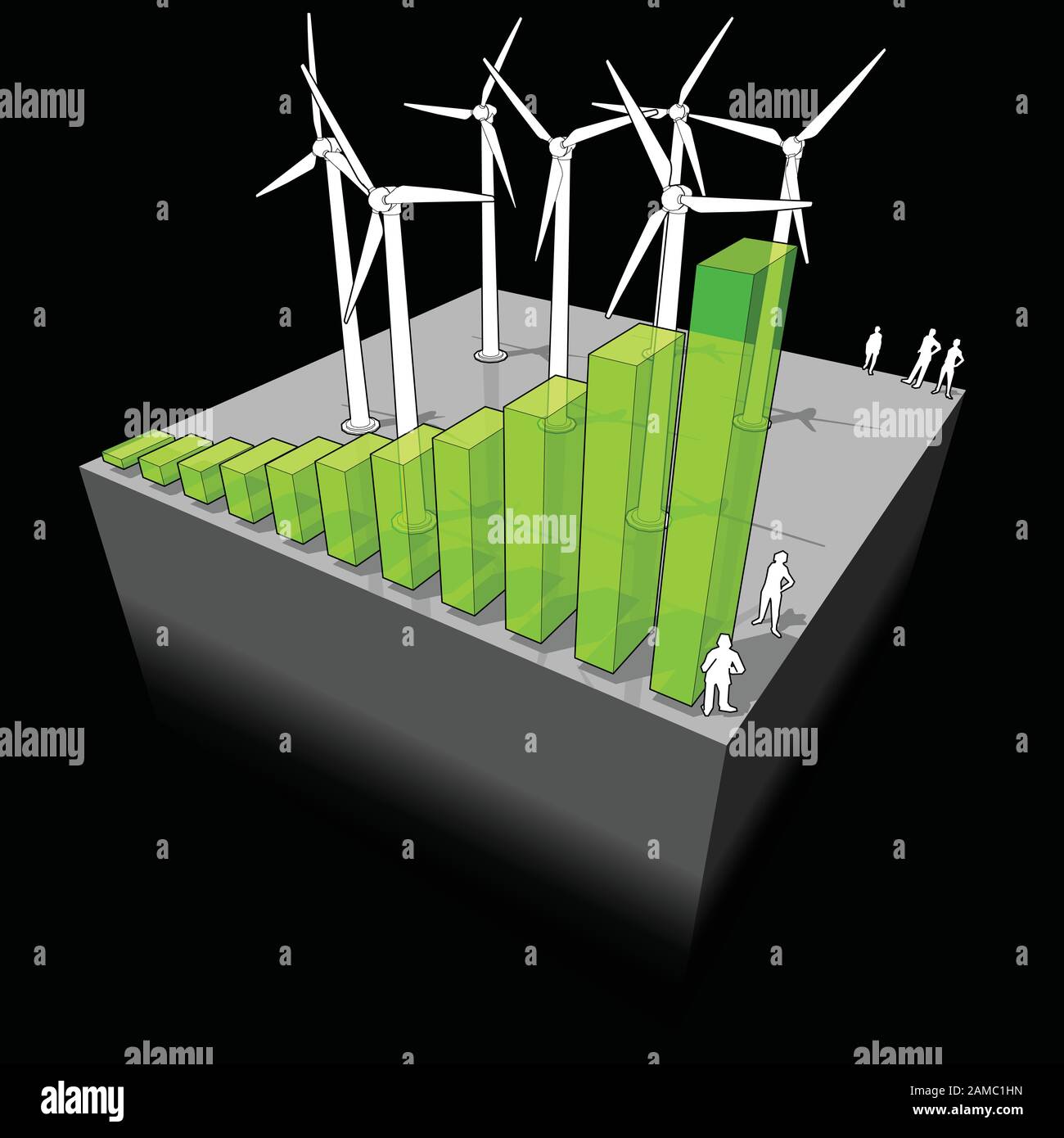 Diagramme d'une exploitation d'éoliennes avec diagramme à barres en hausse signifiant l'importance croissante ou le boom de l'industrie de l'énergie éolienne Illustration de Vecteur