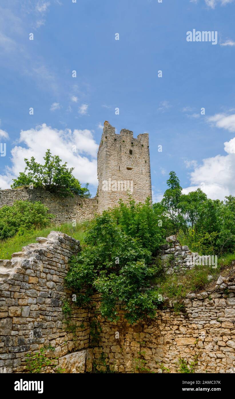 Émiettage des murs du château et de la tour à Dvigrad (ou Due Castelli), une ville médiévale abandonnée dans la vallée de Draga, au centre de l'Istrie, en Croatie Banque D'Images