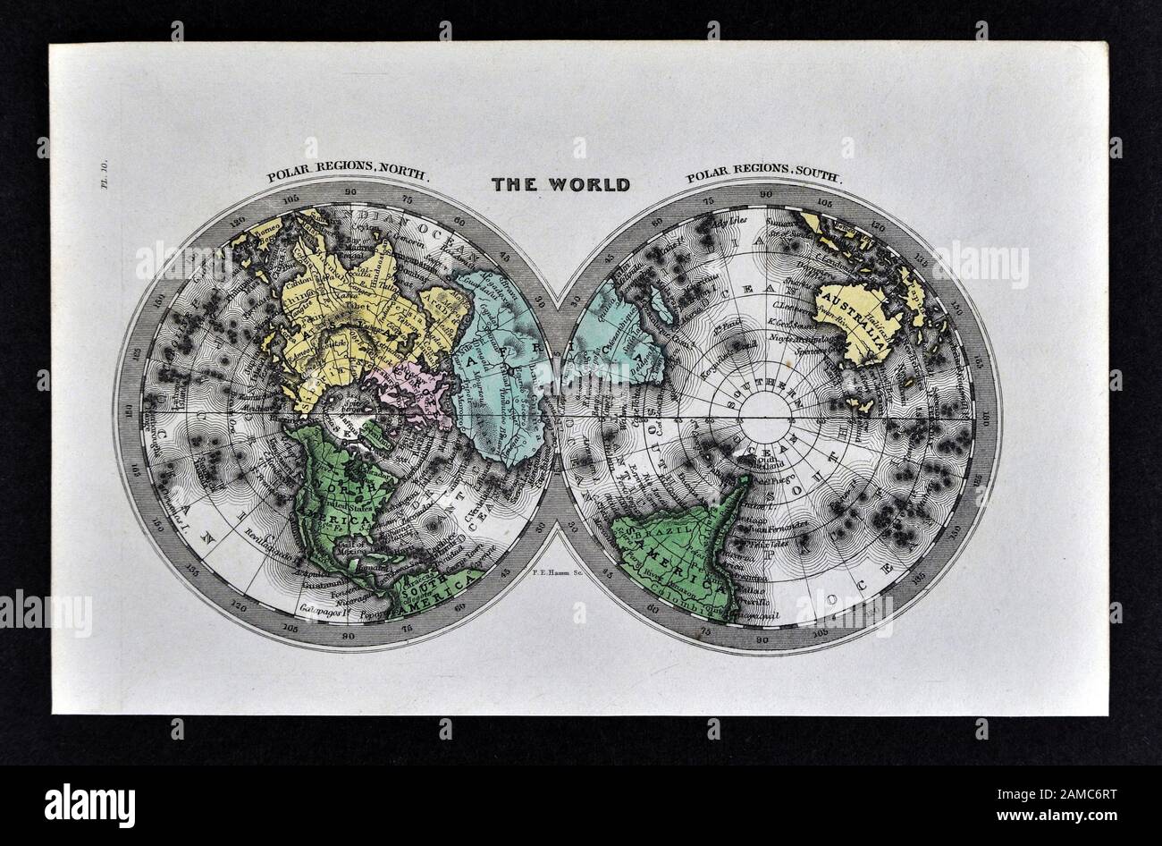 1834 Carey World Map Projections polaires au pôle Nord Arctique Antarctique Banque D'Images