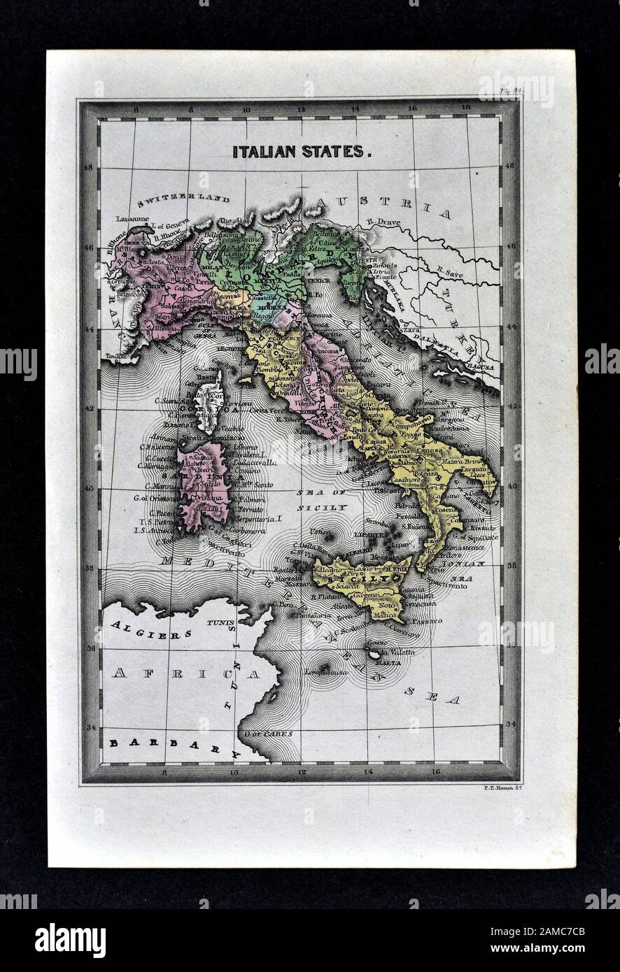Carey 1834 Carte de l'Italie Rome Venise Florence Naples Sicile Banque D'Images