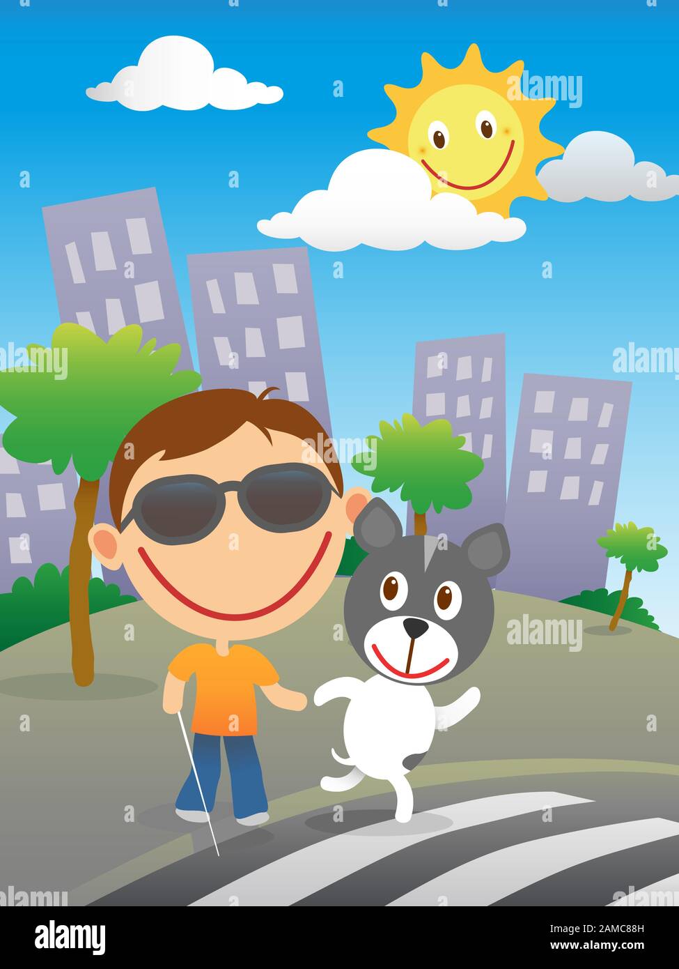 Un enfant aveugle heureux avec de la canne et des lunettes de soleil traverse la route à un passage de zébra avec son chien de quide dans une journée ensoleillée dans la ville. Illustration de Vecteur