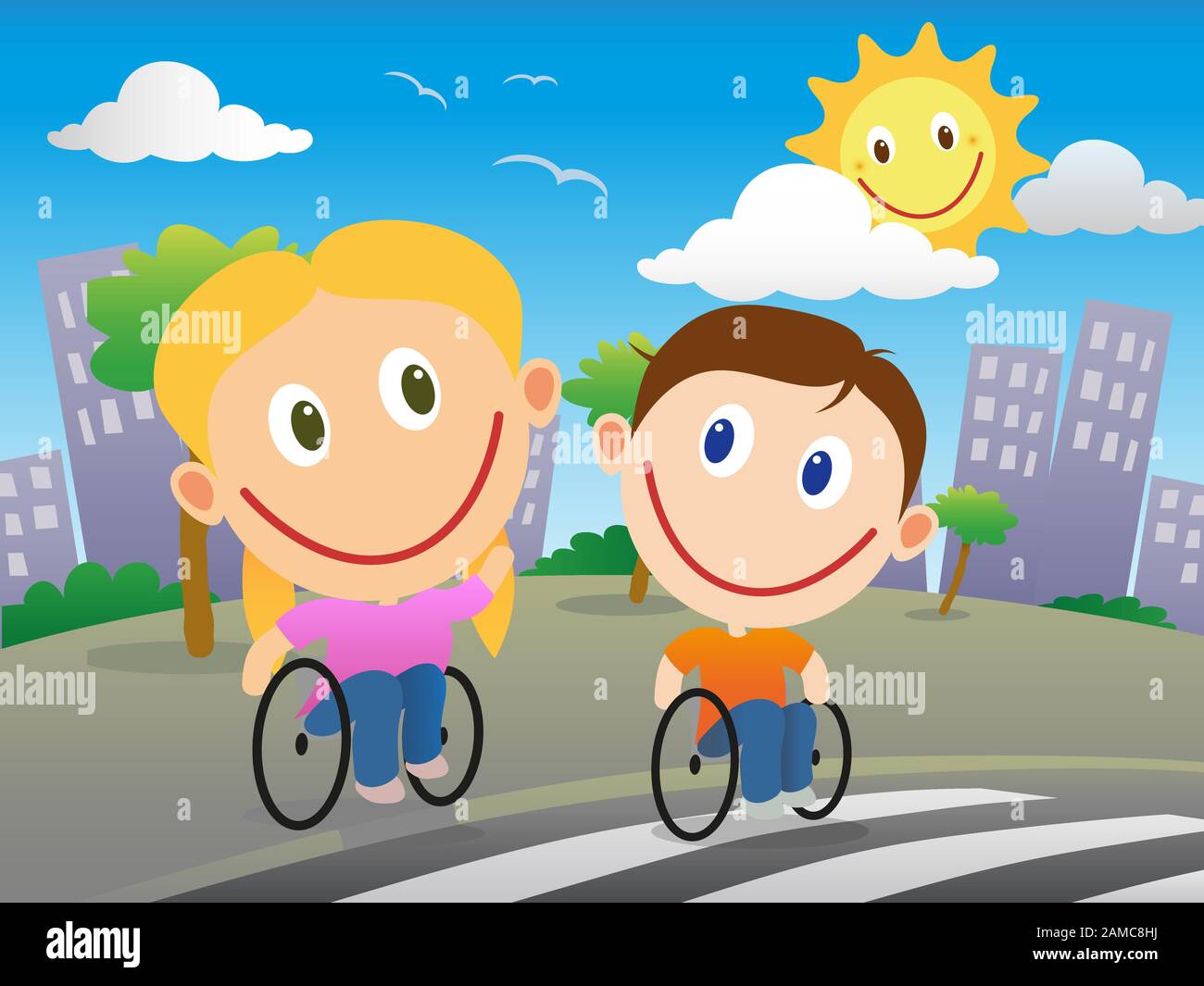Les enfants en fauteuil roulant heureux traversent la route à un passage à zébra en une journée ensoleillée dans la ville. Illustration de Vecteur