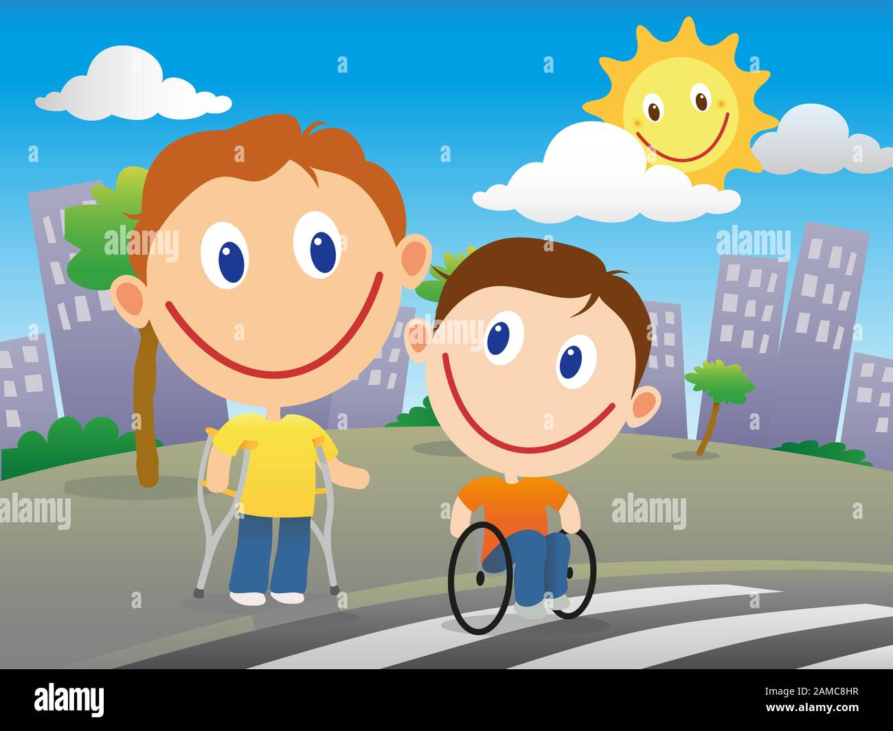 Les enfants heureux l'un avec des béquilles et l'autre en fauteuil roulant traversent la route à un passage de zébra en une journée ensoleillée dans la ville. Illustration de Vecteur