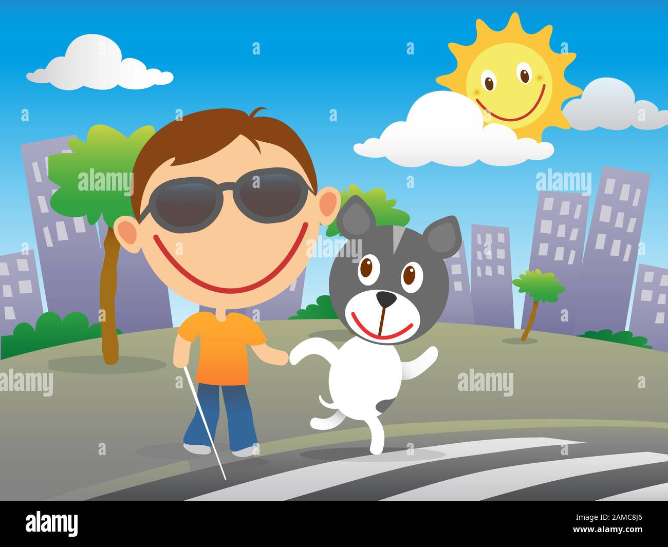 Un enfant aveugle heureux avec de la canne et des lunettes de soleil traverse la route à un passage de zébra avec son chien de quide dans une journée ensoleillée dans la ville. Illustration de Vecteur
