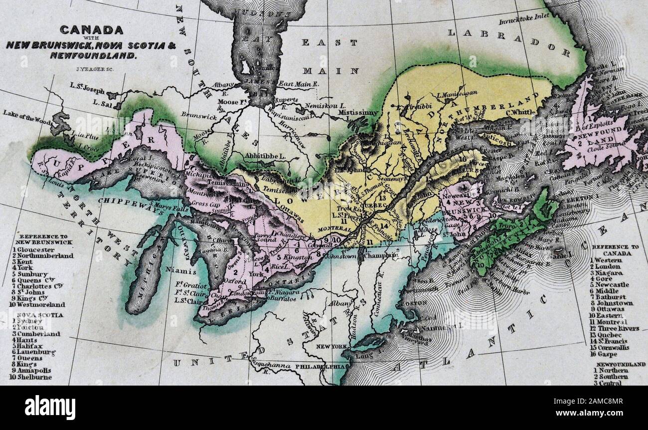 1834 Carey Map of Upper and Lower Canada Ontario Québec Nouvelle-Écosse Nouveau-Brunswick Terre-Neuve Banque D'Images
