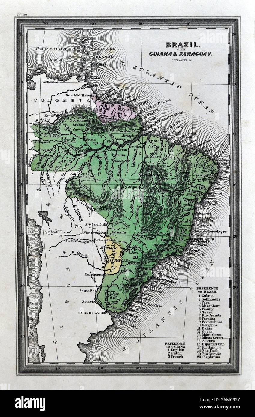 Carey 1834 Carte du Brésil et du Guyana Paraguay Uruguay Amérique du Sud y compris Rio de Janeiero et la jungle amazonienne Banque D'Images