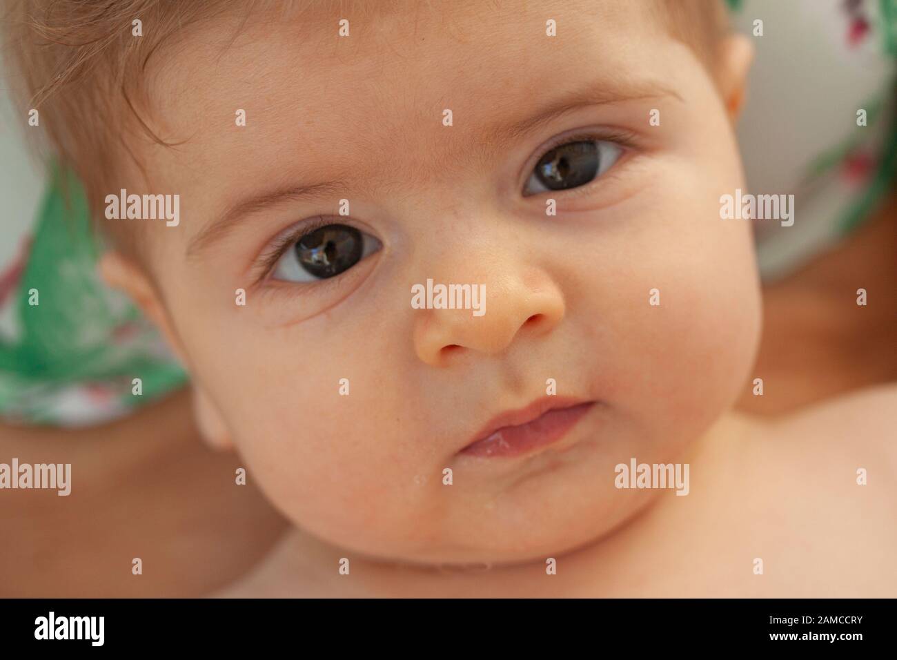 Beau Portrait Closeup De Bebe Blond Mignon Avec Yeux Bruns Regardant Directement Dans L Appareil Photo Photo Stock Alamy