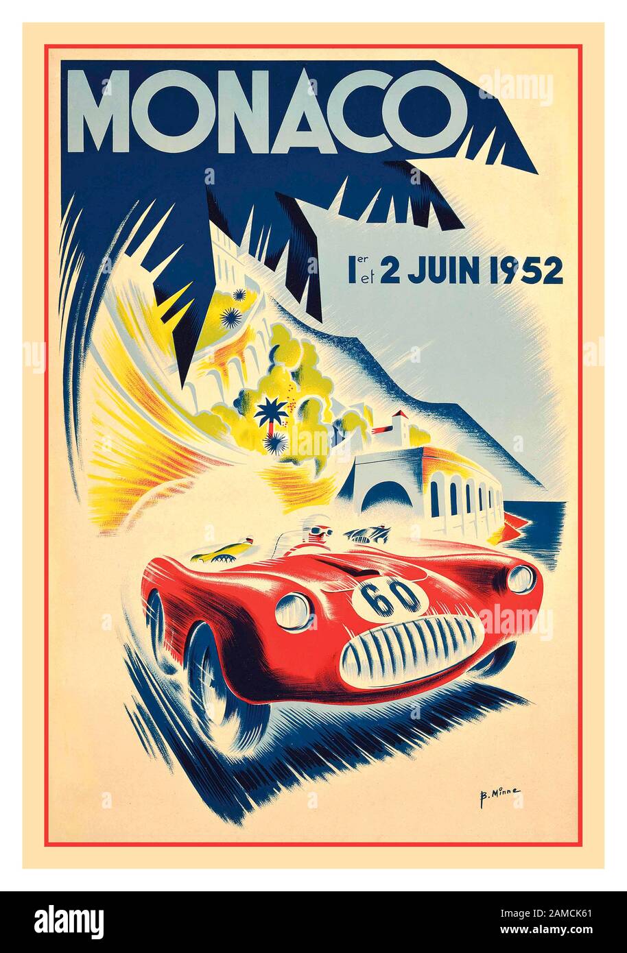 Monaco, Grand Prix de l'affiche de sport de course automobile Vintage 1/2 juin 1952 lithographie de Monte-Carlo en couleurs, 1952, imprimée par Monégasque, Monte-Carlo, par l'artiste B. Minne Banque D'Images