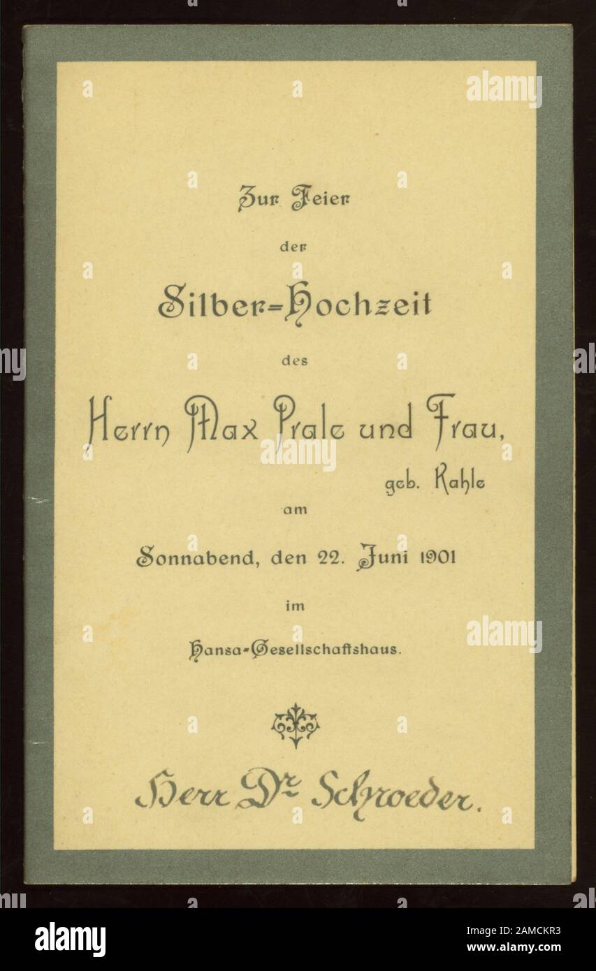 Silver Weding Anniversaire Tenu Par Max Prale Et Epouse Geb Kahle At Hambourg Allemagne For Menu En Allemand Menu Egalement Utilise Comme Carte De Lieu Dans Ce Cas Herr Dr Schroeder Imprime Silver Weding Anniversaire Tenu Par Max Prale Et Epouse Geb Kahle At Hambourg Allemagne For Menu En Allemand Menu Egalement Utilise Comme Carte De Lieu Dans Ce Cas Herr Dr Schroeder Imprime