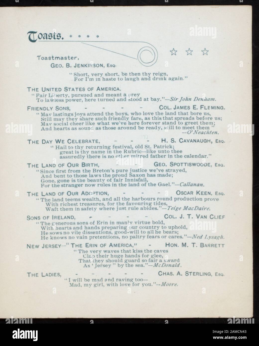 ST PATRICK'S DAY) (TENU PAR) DES FILS AMICAUX DE ST PATRICK (AT) ESSEX COUNTY COUNTRY CLUB, ORANGE, NJ (AUTRE (CLUB);) INCLUT DES VINS SERVIS AVEC DES COURS INDIVIDUELS; PROGRAMME DE TOASTS INCLUT DES CITATIONS LITTÉRAIRES IRLANDAISES; SCEAU DÉCORATIF SUR LA COUVERTURE; ST. LE JOUR DE PATRICK?] [TENU PAR] DES FILS SYMPATHIQUES DE ST. PATRICK [AT] ESSEX COUNTY COUNTRY CLUB, ORANGE, NJ (AUTRE (CLUB);) Banque D'Images
