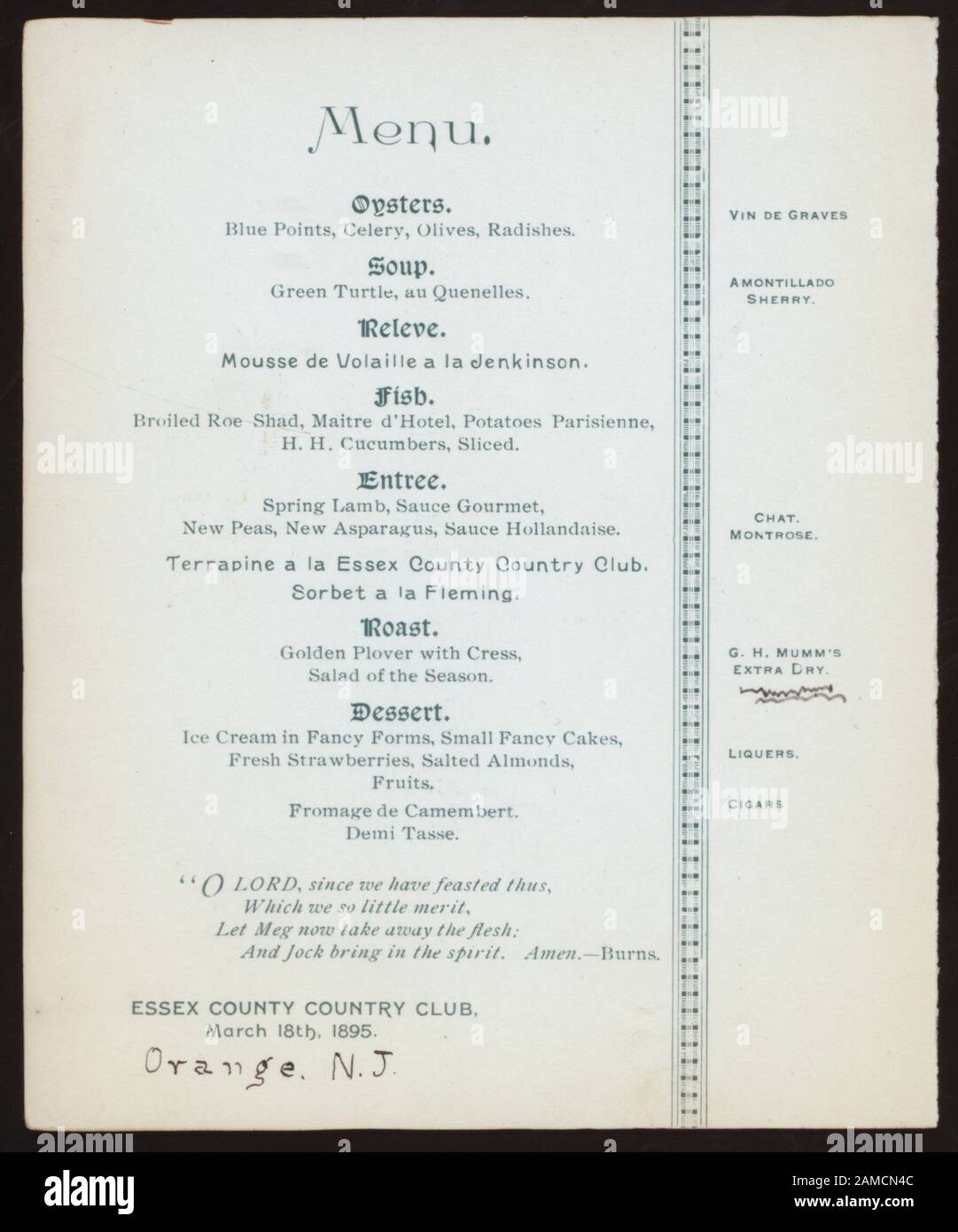 ST PATRICK'S DAY) (TENU PAR) DES FILS AMICAUX DE ST PATRICK (AT) ESSEX COUNTY COUNTRY CLUB, ORANGE, NJ (AUTRE (CLUB);) INCLUT DES VINS SERVIS AVEC DES COURS INDIVIDUELS; PROGRAMME DE TOASTS INCLUT DES CITATIONS LITTÉRAIRES IRLANDAISES; SCEAU DÉCORATIF SUR LA COUVERTURE; ST. LE JOUR DE PATRICK?] [TENU PAR] DES FILS SYMPATHIQUES DE ST. PATRICK [AT] ESSEX COUNTY COUNTRY CLUB, ORANGE, NJ (AUTRE (CLUB);) Banque D'Images