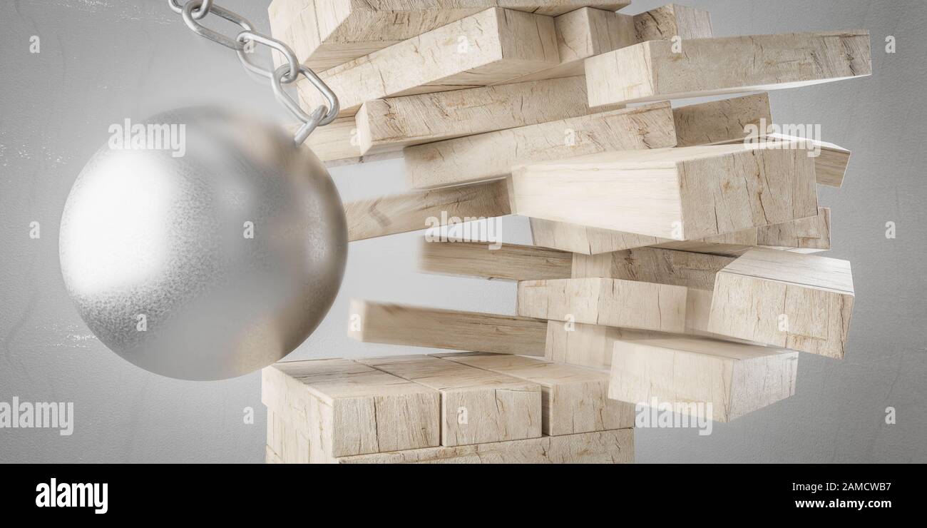 concept de destruction du jeu de planche à écraser en métal qui tombe tour de blocs de bois sur fond gris illustration de rendu tridimensionnel Banque D'Images