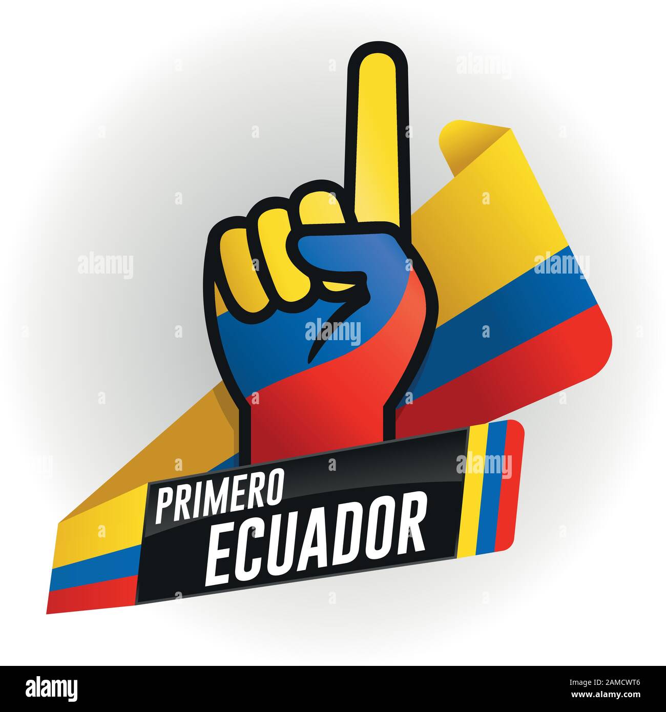 Premier ÉQUATEUR - PREMIER ÉQUATEUR en langue espagnole - sur fond noir et main avec index levé, avec les couleurs du drapeau de l'Équateur Illustration de Vecteur