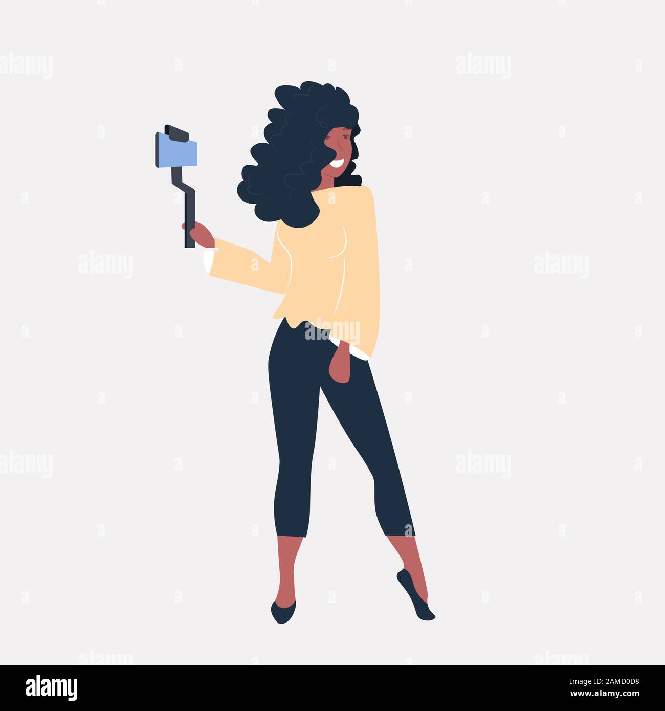 femme utilisant selfie stick afro-américaine fille prendre photo sur smartphone caméra réseau social blogging concept pleine longueur vecteur illustration Illustration de Vecteur