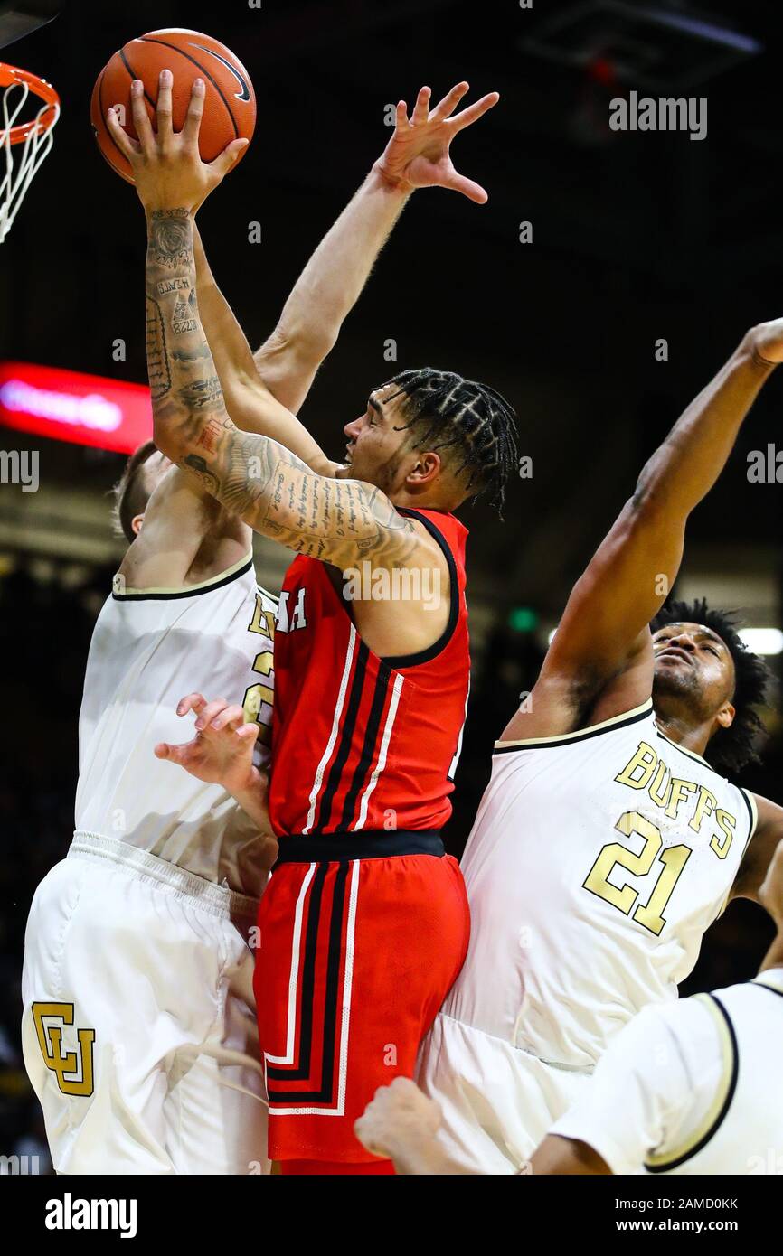 12 janvier 2020: Utah Utes forward Timmy Allen (1) conduit pour une mise à pied contestée dans le match de basket-ball masculin entre le Colorado et l'Utah au Coors Events Center de Boulder, CO. Colorado a couru à un 26-7 plomb dans la première moitié. Derek Regensburger/CSM. Banque D'Images