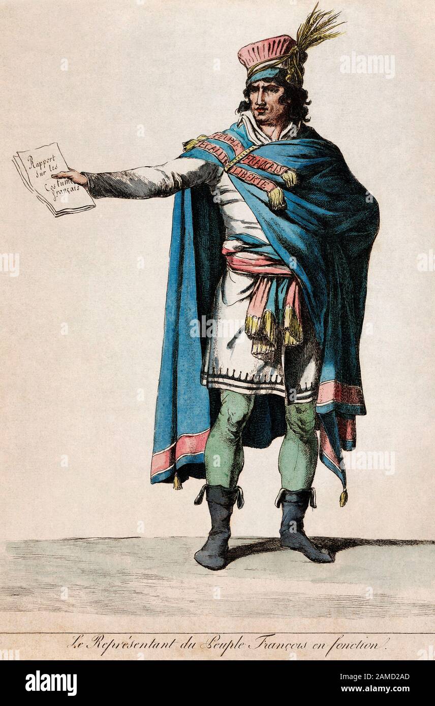 Gravure de couleur manuelle montrant une figure masculine modélisant le costume conçu par David pour les législateurs. 'Le représentant du peuple français en fonction. 1794 Banque D'Images