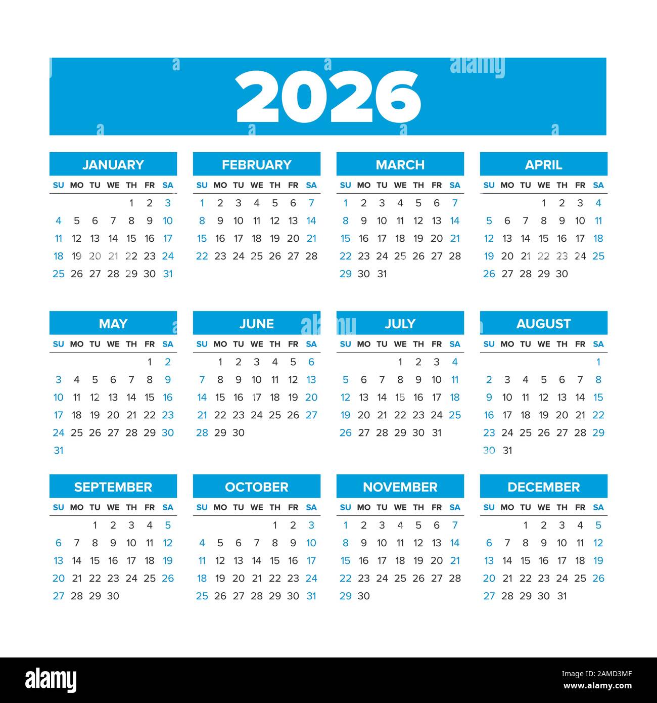 Calendrier Vectoriel Simple 2026. Les semaines commencent le dimanche Illustration de Vecteur