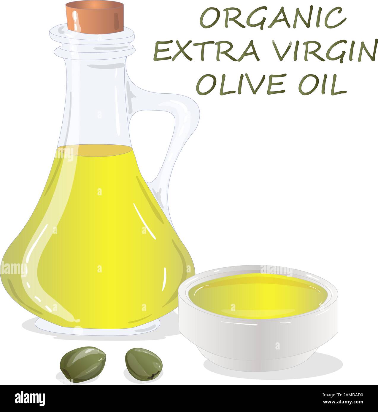 Huile d'olive vierge de qualité supérieure et quelques olives isolées sur fond blanc. Illustration vectorielle réalisée à la main. Illustration de Vecteur