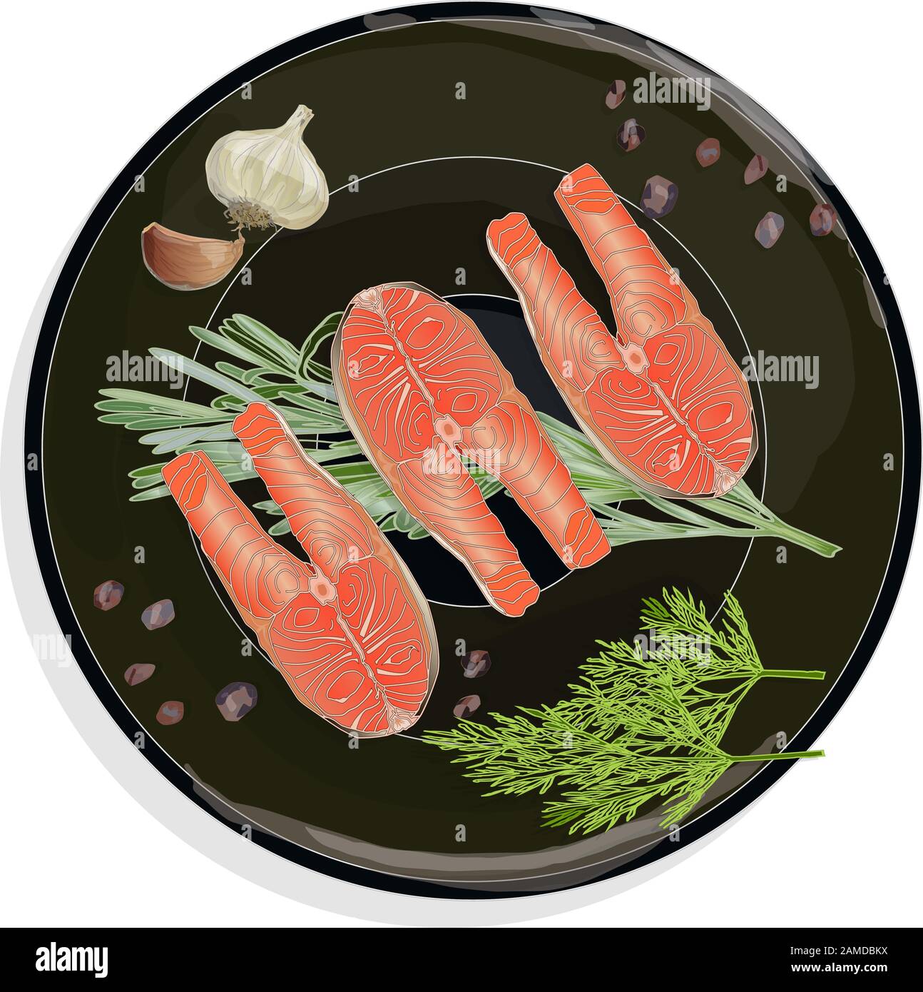 Filets de saumon crus aux herbes sur la plaque. Fond blanc. Illustration vectorielle. Illustration de Vecteur