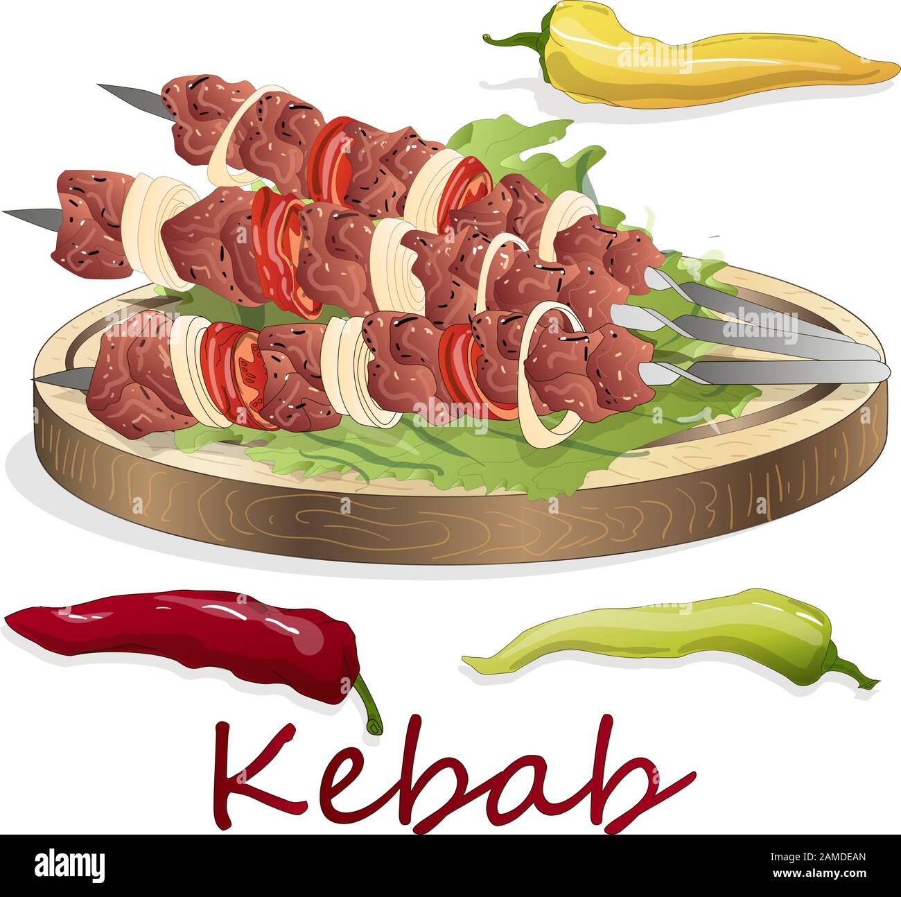 Shish kebab avec oignon et tomate cerise. Brochettes de viande grillées. Vue de dessus. Illustration vectorielle. Illustration de Vecteur