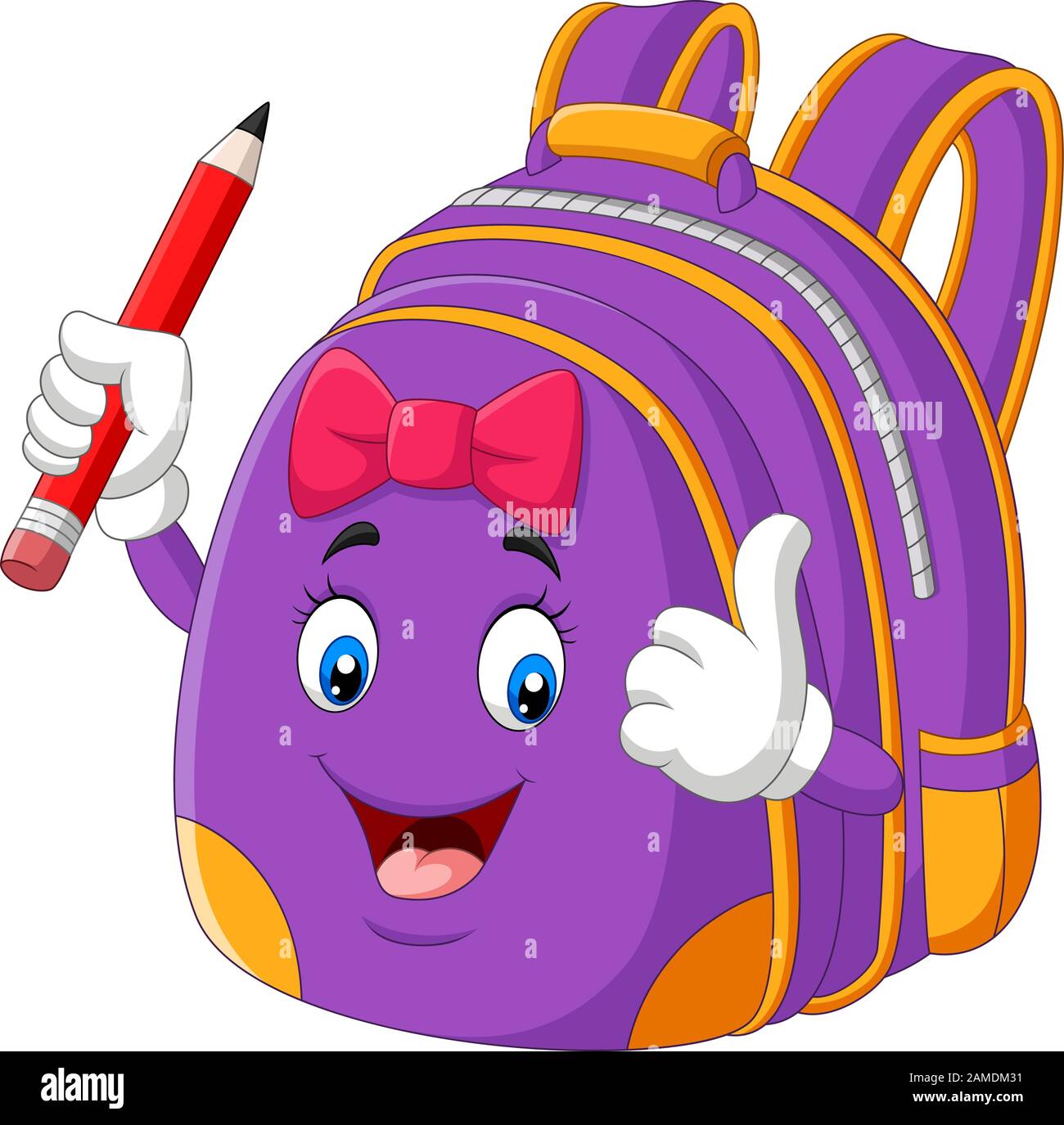 Sac à dos d'école mauve de dessin animé tenant le crayon et donnant des pouces vers le haut Illustration de Vecteur