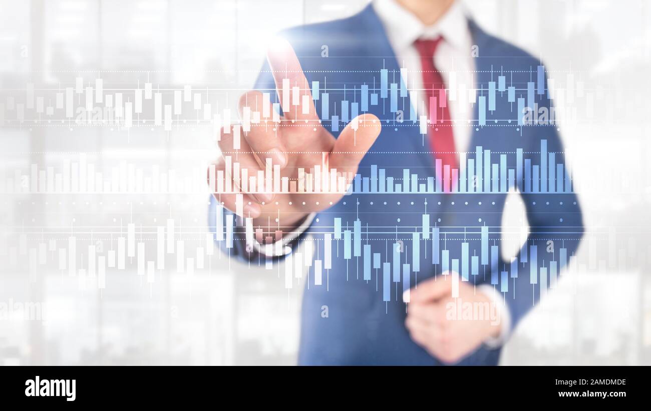 Diagramme de bougies stock trading graphique de l'entreprise Financement de l'investissement mixte concept double exposition écran virtuel. Banque D'Images