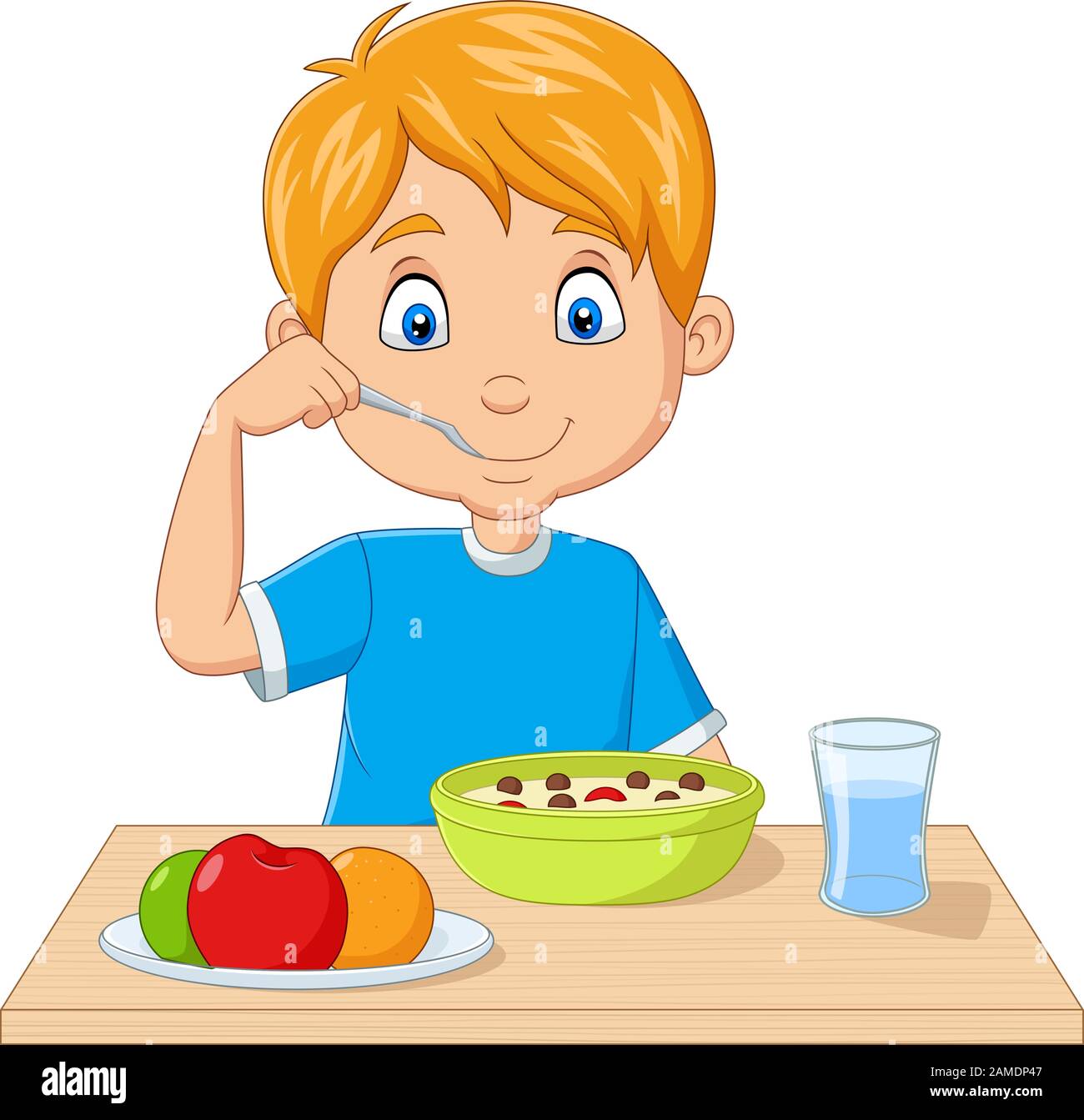 Dessin animé petit garçon avec céréales pour le petit déjeuner avec fruits  Image Vectorielle Stock - Alamy