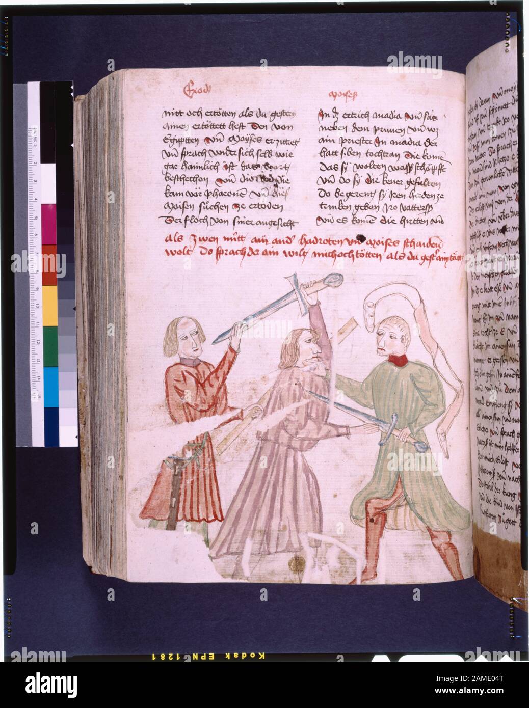 Texte avec des placemarkers et rubric demi-page miniature montrant un swordbaght Énuméré dans de Ricci, Seymour, Recensement des manuscrits médiévaux et Renaissance aux États-Unis et au Canada. New York. N. Y. : H. W. Wilson, 1935; et Supplement, New York, N.Y.: Société bibliographique d'Amérique, 1962. Propriété : Quaritch, 1874. Collection Lenox. Environ 180 dessins colorés montrant des scènes de l'ancien Testament. A l'ouverture du texte principal, woodcut initial montrant l'Annonciation. Selon une note du dossier, une des illustrations est datée de 1445. La note n'indique pas le folio sur lequel cette date est activée. C Banque D'Images