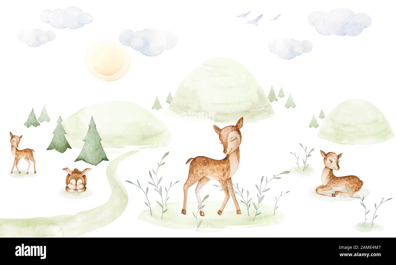 Clipart De Bebe Decoration De La Pepiniere Matin Dans La Foret Dim Petits Deers Lapin Endormi Prairie Collines Sentier Arbres Herbe Voyage Composition Prefabriquee Photo Stock Alamy
